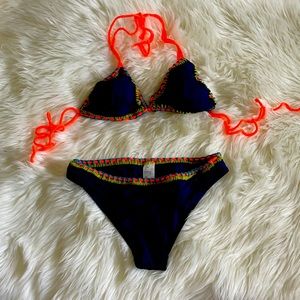 TopShop Navy Bikini Aqua/Orange/Green accents Sz6